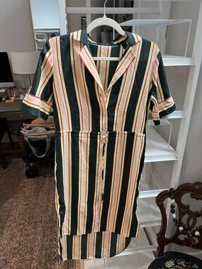Scotch & Soda Green and Cream Striped High-Low Shirt Dress